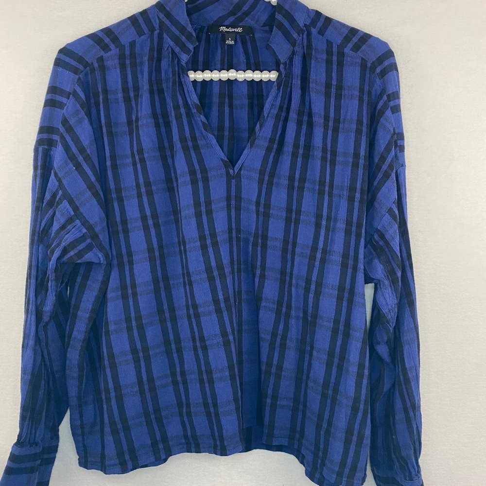 Madewell Arion Blouse Small Blue Black Plaid Top